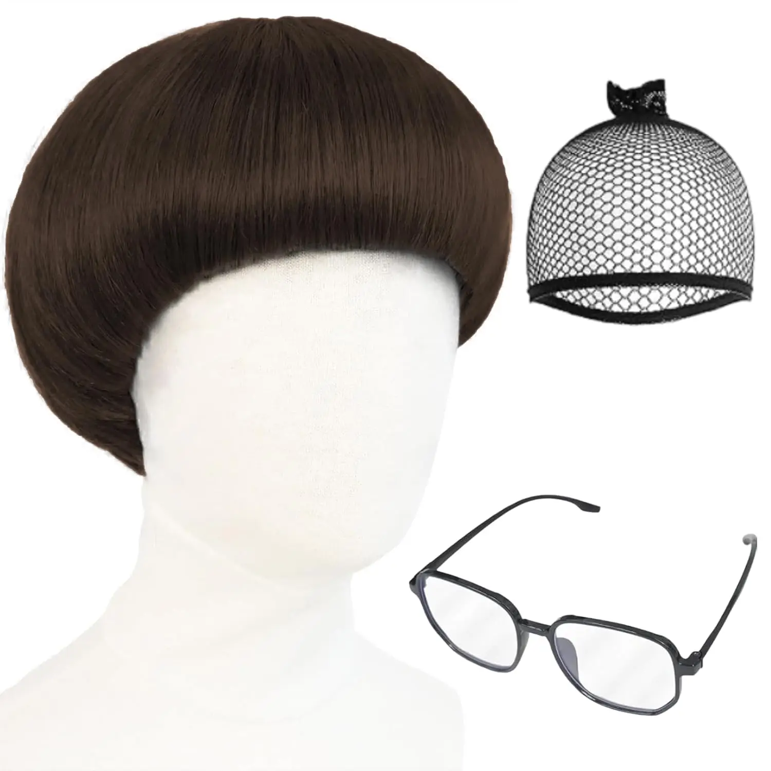 Synthetic Cosplay Wig with Bangs + Glasses Mushroom Wigs Cut Funny Wigs for Men 60s Women Straight Adult for Anime Halloween