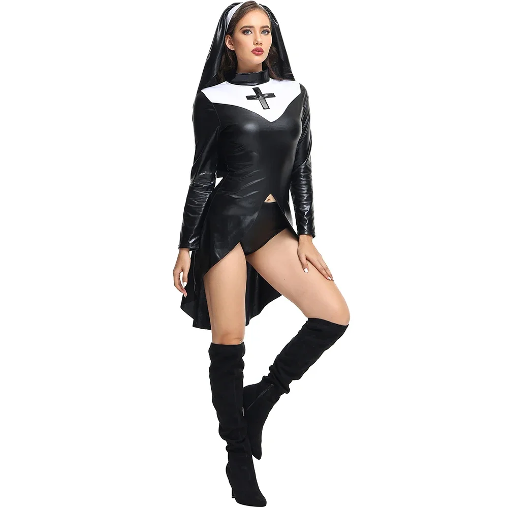 Halloween sexy Cross Nun costumi cosplay donne Carnival Role Play Party Nurse dress Black patent leather Performance Costume