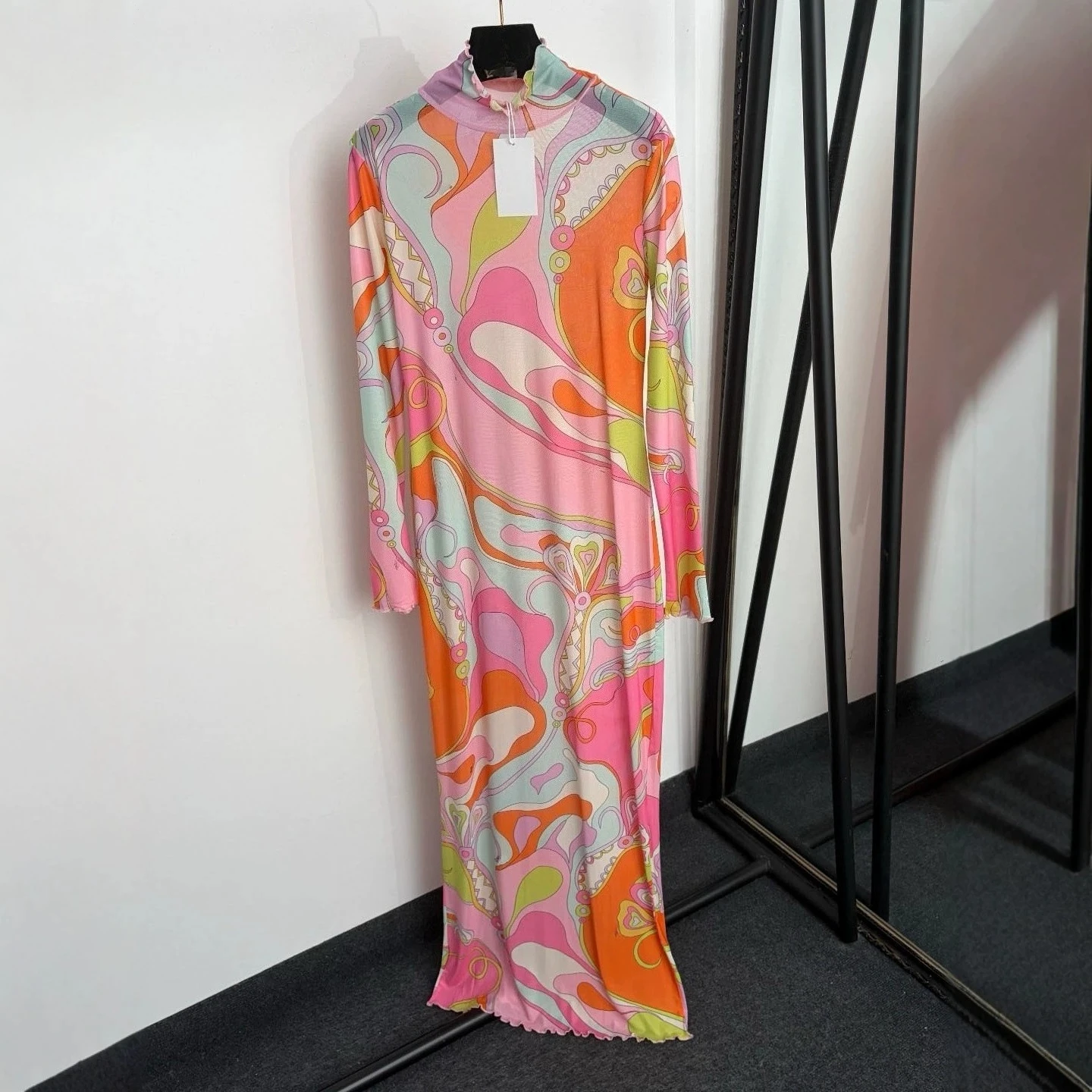 Party fashion elegant geometric color blocked printed floor length skirt, semi high neck slim fit long sleeved mesh dress