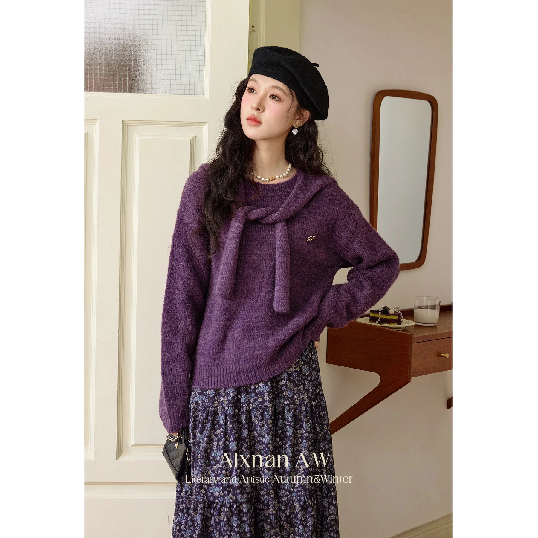 ALXNAN Women Purple Sweater O-neck Detachable Shawl Long Sleeve Metal Brooch Pullovers Woman Winter Warm Soft Jumper 2024 L52662