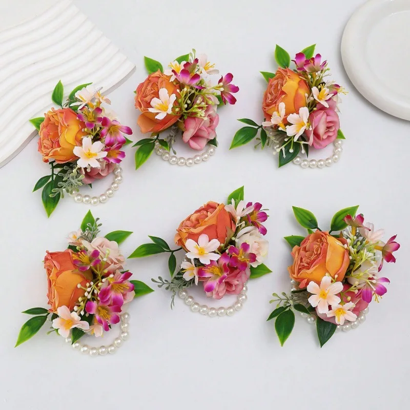 Orange Rose Wrist Corsage and Boutonniere for Bride Groom Bridesmaids Groomsmen Wedding Homecoming Flowers Prom Suit Accessories