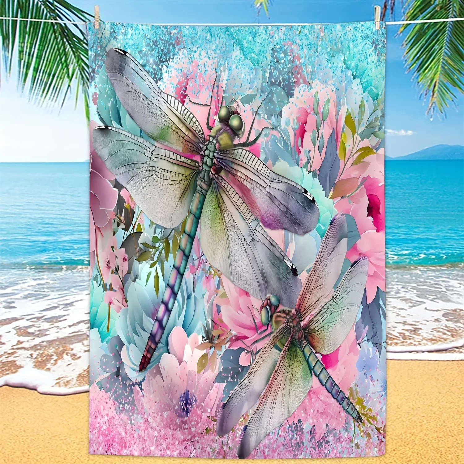 Dragonfly Beach Towel, Floral Insect Print, Quick Dry Microfiber, Oversized for Beach, Pool, Travel, Gift for Her, Nature Lover