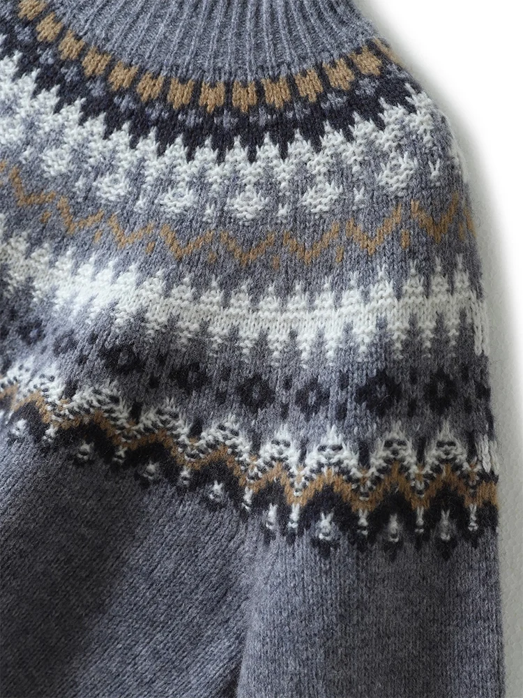 SuyaDream، سترة عيد الميلاد النسائية، صوف الأغنام 100%، رقبة وهمية، بلوفرات جاكار دافئة، بلوزة محبوكة لخريف وشتاء 2025، أحمر، رمادي #5