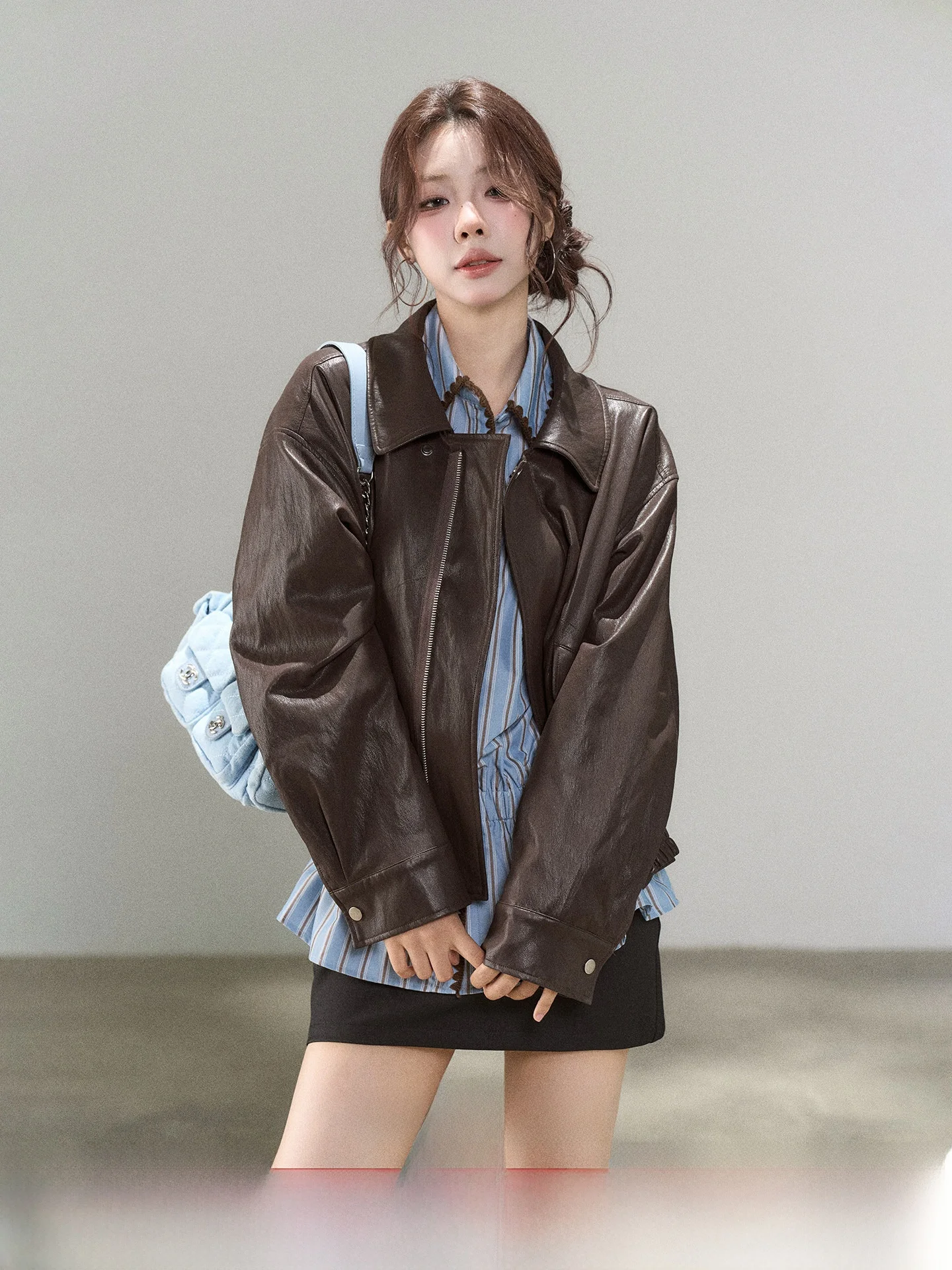 

American Sle ort Brown Leather Jaet Women's Design Sensation Autumn New Arrival ket Detail Straight Cut Youth Faion