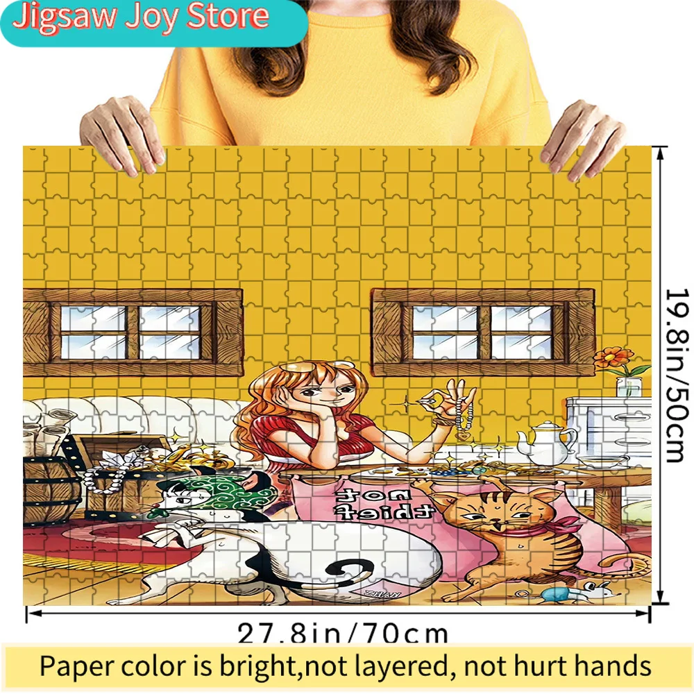 

Premium Paper Jigsaw Puzzle Featuring One Piece Nami Relaxing with Jewelry and Playful Cats Artwork in a Cozy Room, 27.8x19.8 In