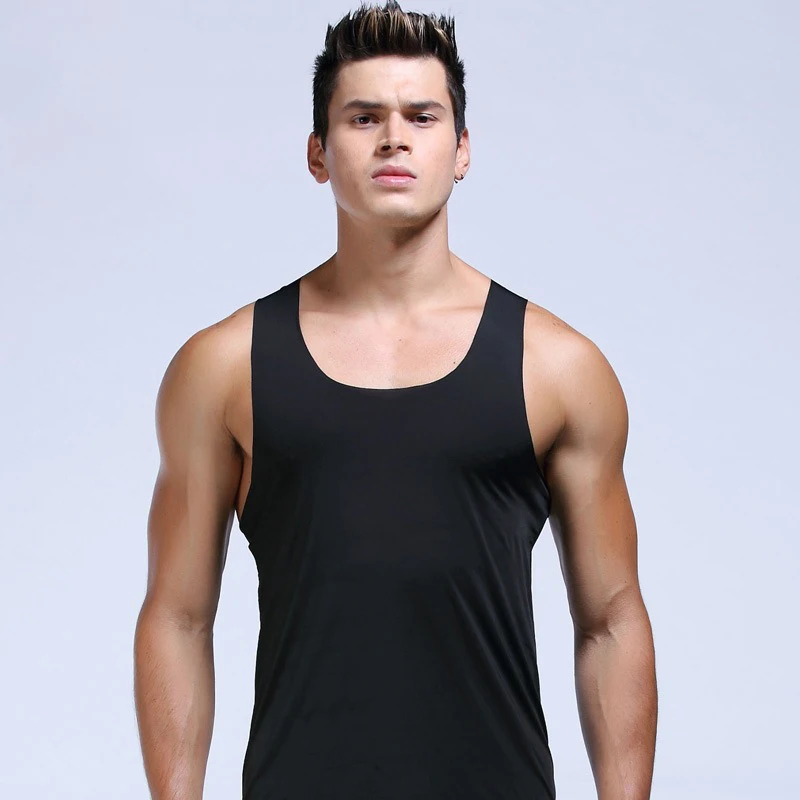 Ice Silk Mens Solid Color Tank Tops Sexy U Neck Sleeveless Vests Male Seamless Youth Elastic Fitness Casual Undershirt Singlets