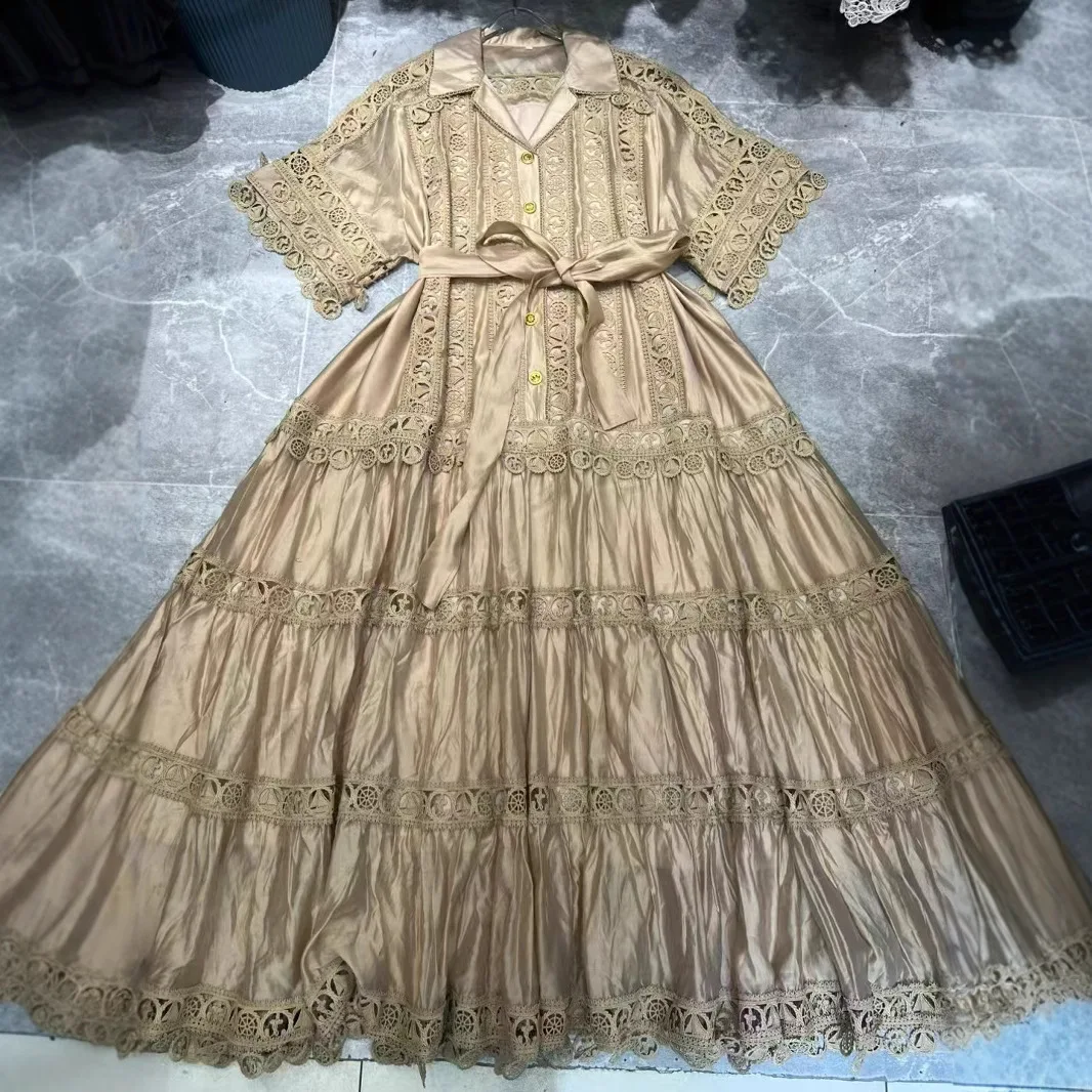 Luxury Hollow Out Long Dresses Women 2025 Summer Holiday Single Breasted Ruffle Lace Embroidery Loose Big Size Evening Vestidos