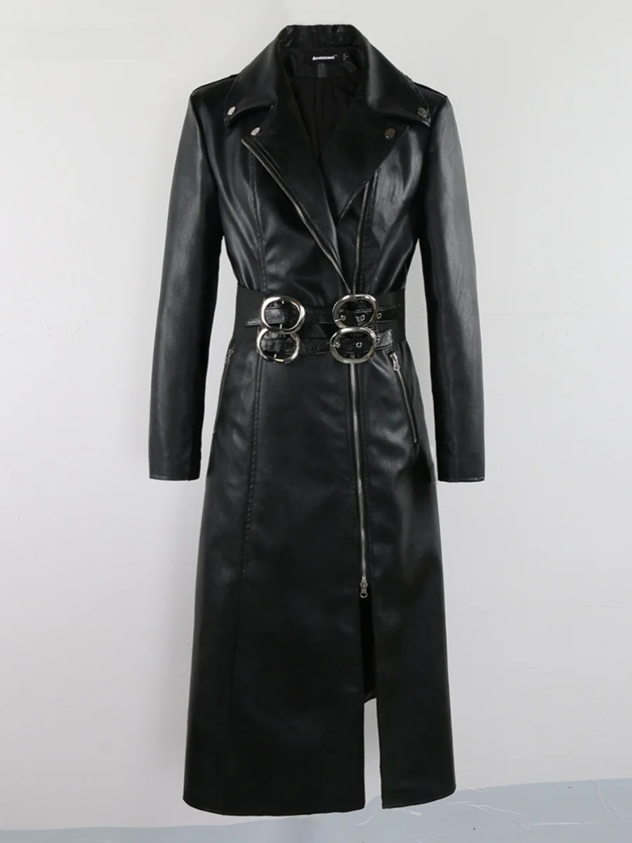 

Nerazzurri Autumn New Women's Long Zipper Double Belt PU Leather Jacket Black Windbreaker Style Fashionable Commute Style