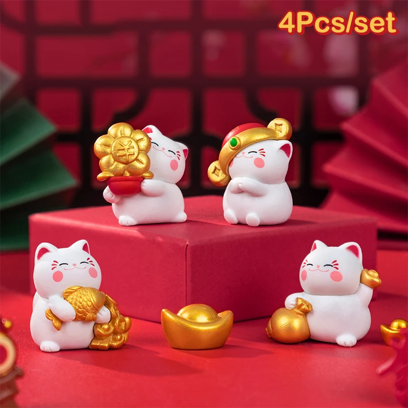 4Pcs Mini Lucky Cat Ornament Cartoon Fortune Kitten Figurine Micro Landscape Car Interior Home Desktop Decor