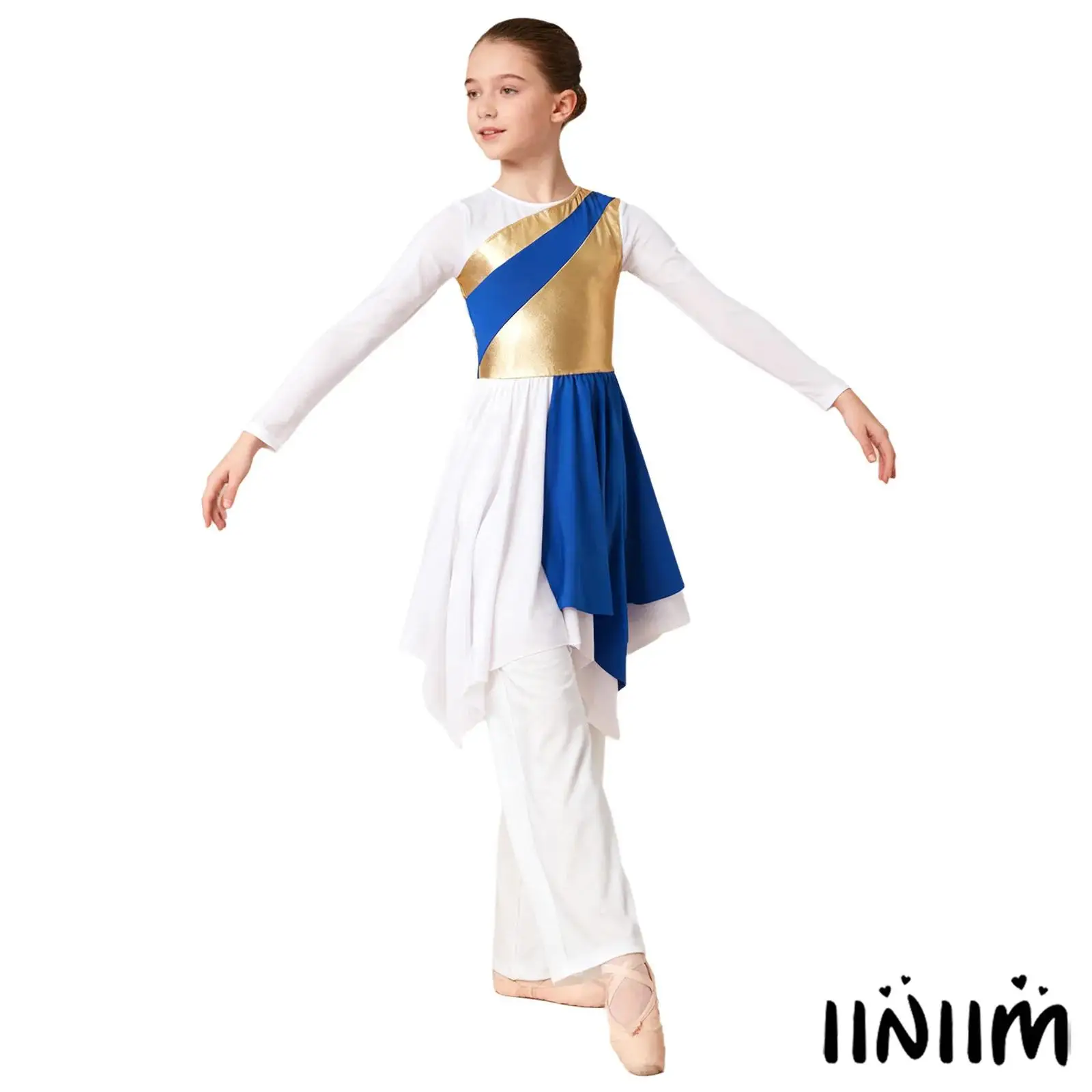 

Kids Girls Praise Lyrical Dance Outfit Long Sleeve Asymmetrical Hem Metallic Color Block Worship Dance Dress with Wide-Leg Pants