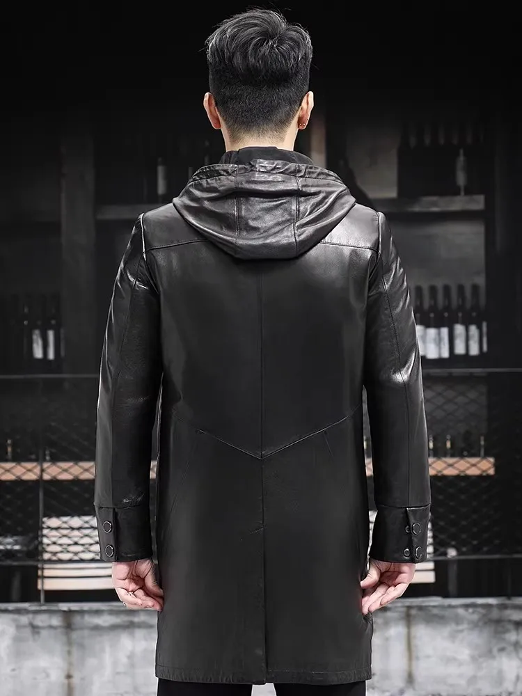 Men Business Casual Genuine Leather Down Coat Slim Fit Mid-length Hooded Jacket Liner Detachable Single Breasted Sheepskin Coats