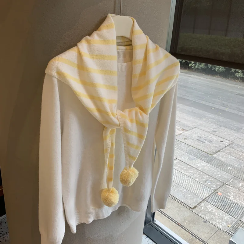 Women Soft Knitted Triangle Scarf With Cute Pom Pom Balls Decor Fashion Versatile Neck Wrap Shawl Accessory For Daily Casual