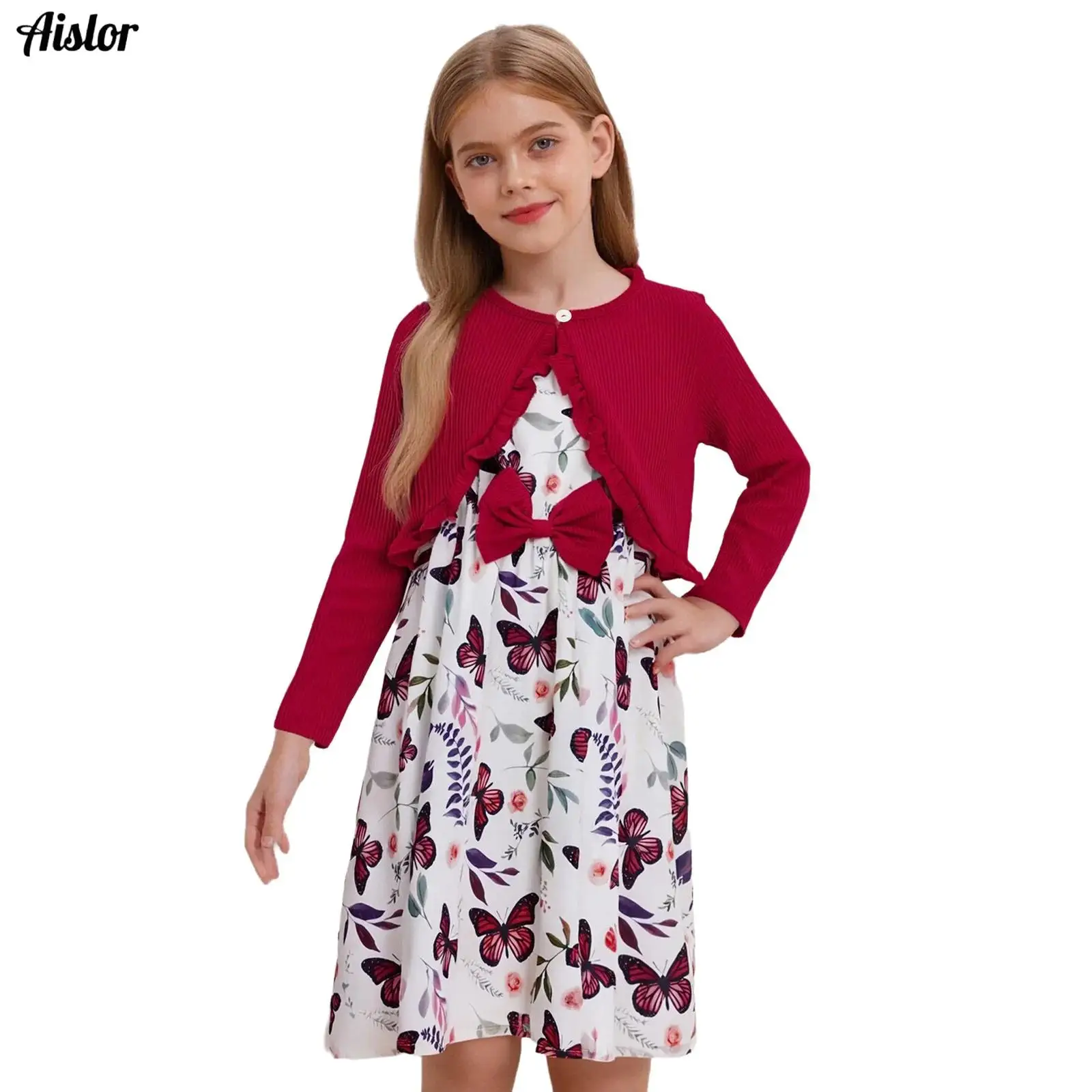 

Kids Girls 2-Piece Casual Outfit Sleeveless Bowknot Butterfly Print Elastic Waist Dress with Long Sleeve Ruffles Ribbed Cardigan