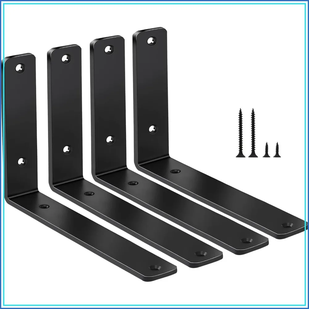 4 Pack Heavy Duty Iron Shelf Brackets, 6x4x1.5 Inch, 5mm Thick, Matte Black, with Screws