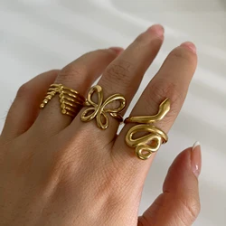 Peri'sbox 3pcs Gold Plated Hollow Butterfly V-Shape Snake Adjustable Open Rings for Women Vintage Gothic Waterproof Jewelry Gift