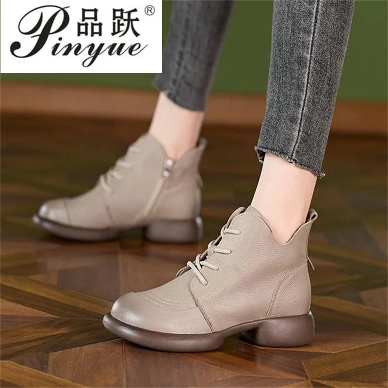 Classic Black Women Genuine Leather Boots Winter Warm Flat Heel Ankle Boots Ladies Round Toe Casual Leather Shoes 35 41