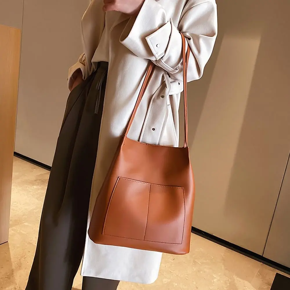 All-match Luxury Shoulder Bucket Bags Winter Autumn Large Capacity Vintage Bag with Pouch PU Leather Korean Style Tote Bag