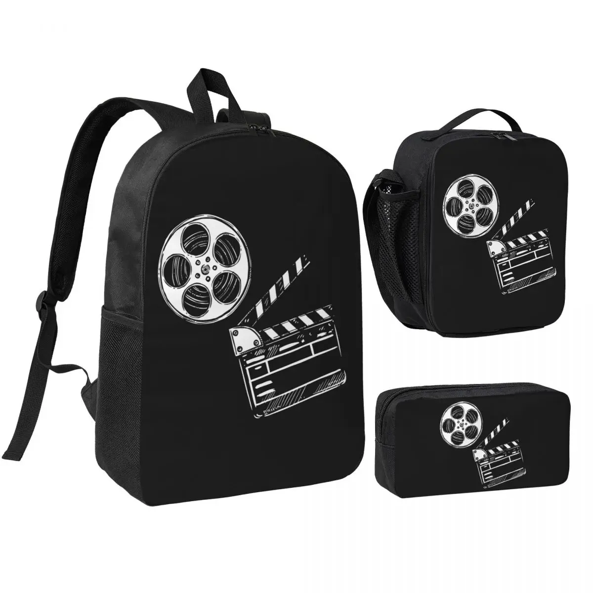 

Movies Film And Clapperboard Backpack Student BookBag School Bag Shoulder Bags 3ps Insulated Lunch Bag Pencil Case