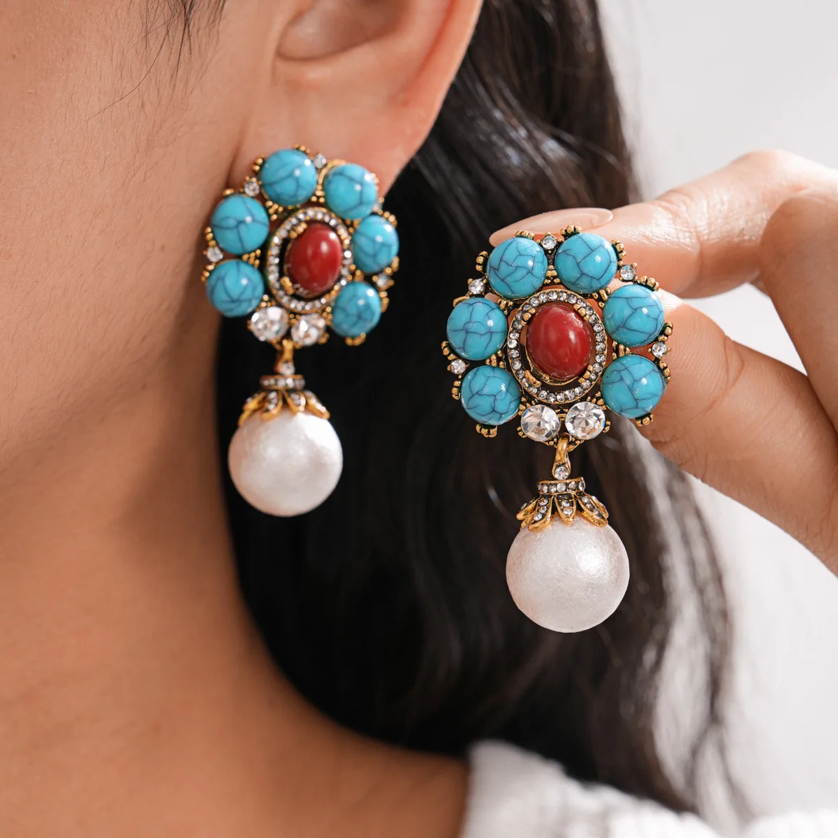 

Retro Mediaeval Blue Flower Acrylic Beaded Dangle Earrings Luxury Rhinestones Round Imitation Pearl Drop Earring Charms Jewelry