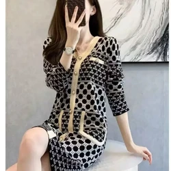 여성용 긴팔 단추 스플라이싱 풀오버 포켓, 라운드넥 기하학 인쇄, 오피스 레이디 미니 스커트 드레스