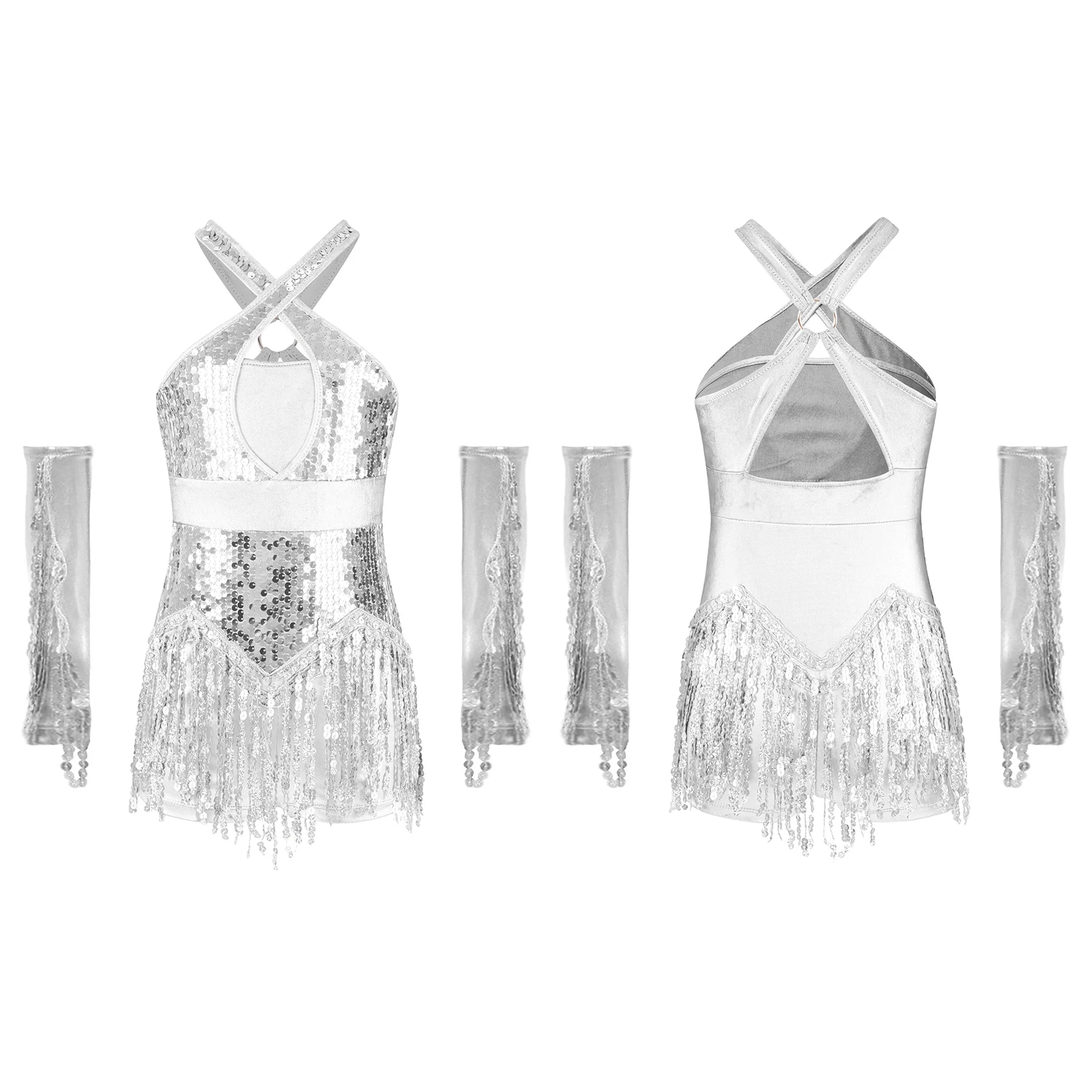 キッズガール体操ラテンジャズダンス衣装フィギュアスケートチャチャダンスパフォーマンスセットスパンコールタッセルレオタード+手袋セット