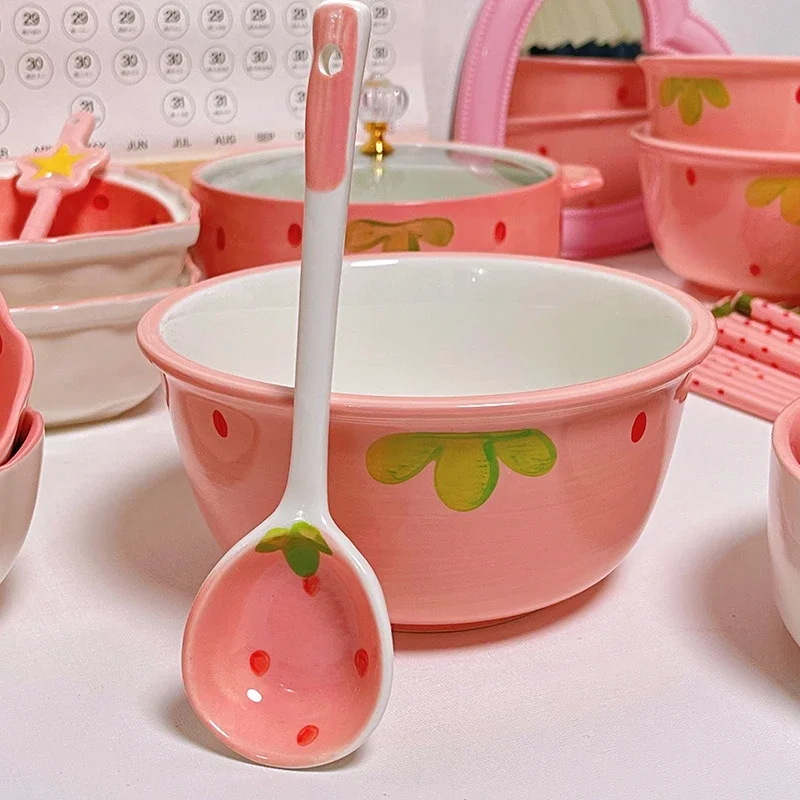 6.25-inch Strawberry Ramen Bowl Japanese Cute Noodle Bowl Salad Bowl Kitchen Tableware Microwave Safe Fruit Ceramic Plate