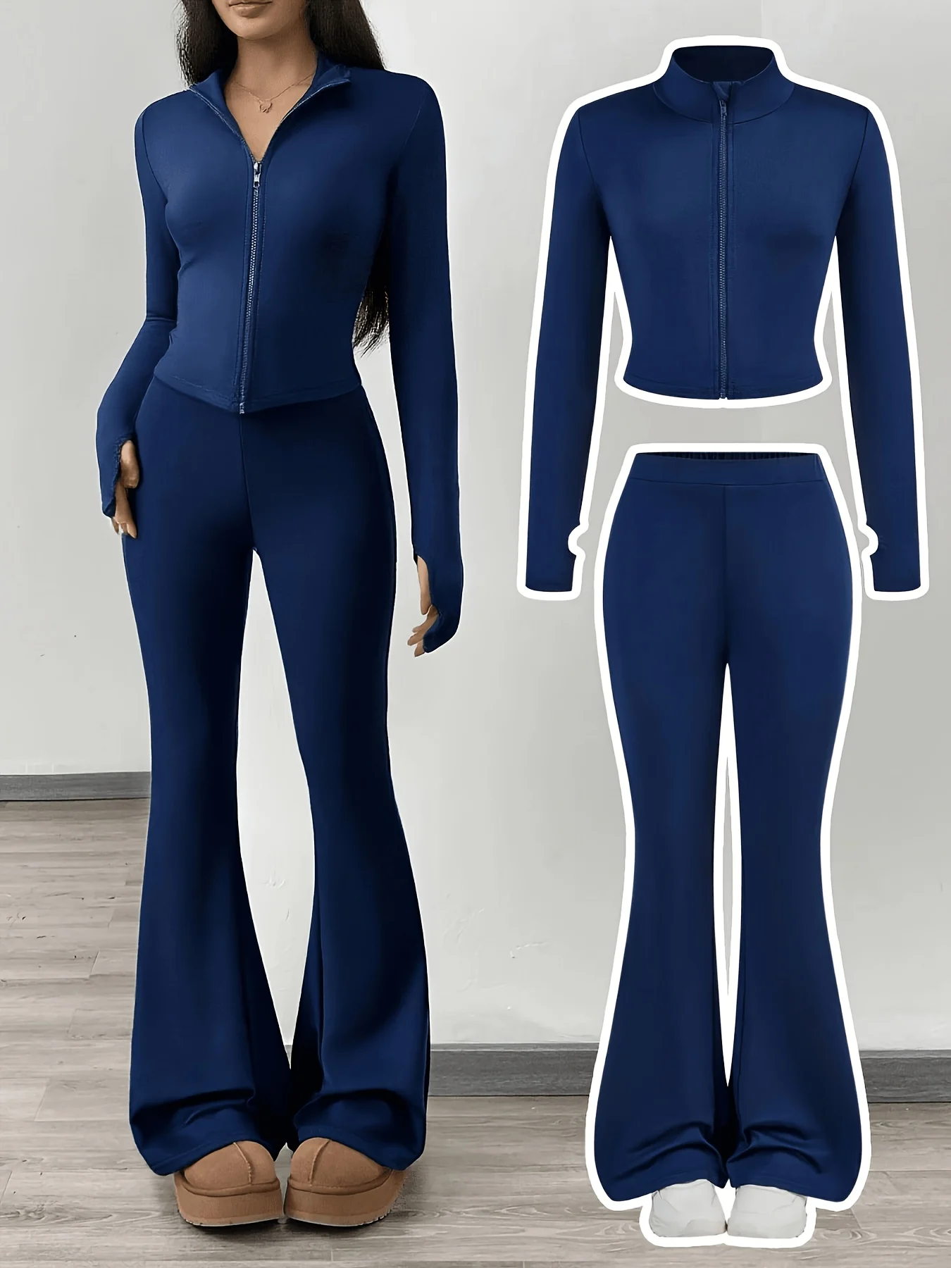 Girls' Autumn Outfit Set: American-style slim-fit stand-up collar zip-up jacket paired with high-waisted flared pants, a two-piece sports set suitable for girls aged 8-12, versatile solid-color clothing for going out