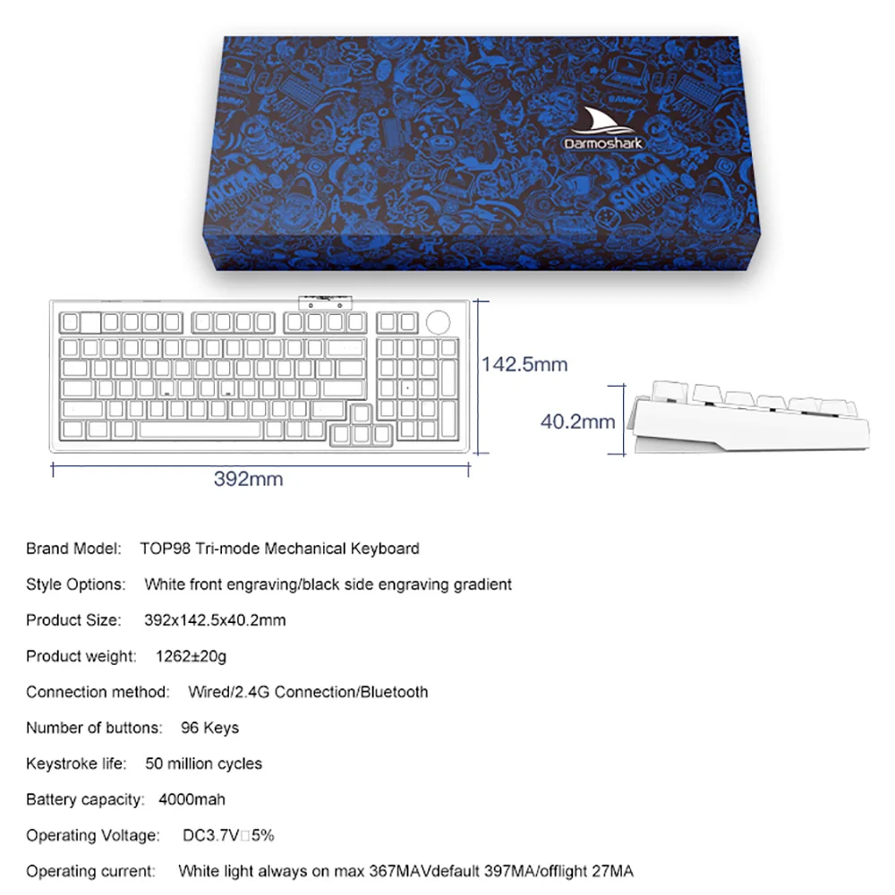 Imagem -06 - Darmoshark sem Fio Gaming Teclado Mecânico Tri-mode Hot Swap Computador Office Teclado Prata Interruptor Top98 98 Chaves