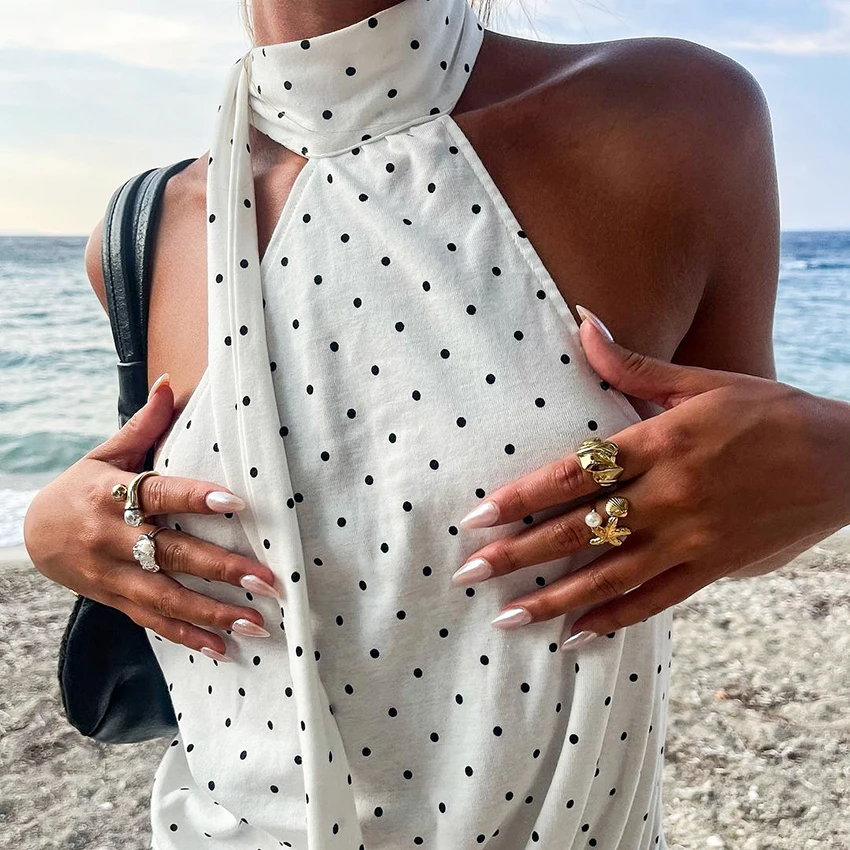 Linad été plage noir point licou robe femme Sexy dos nu Mini robes pour femmes décontracté à lacets tricot robe crayon dame 2025