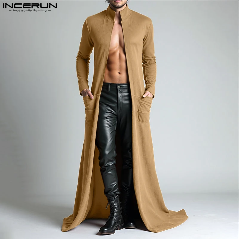 INCERUN, gabardina de estilo largo para hombre, cárdigan de manga larga de Color sólido, abrigos para hombre, ropa de calle, cazadora informal holgada de punto abierto a la moda