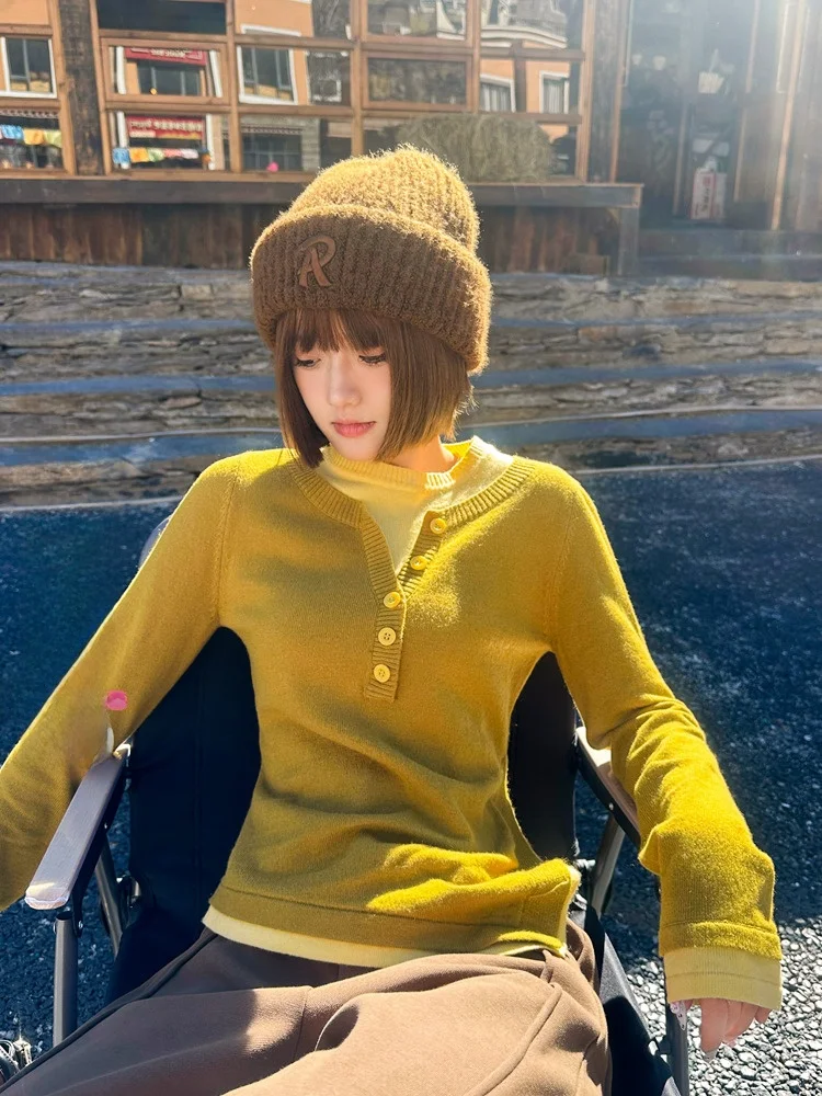 

Kulla Liangpin Original Korean Sle Color Blo Knitted Sweater Vintage Slimming Long Sve round Ne Woolen Top