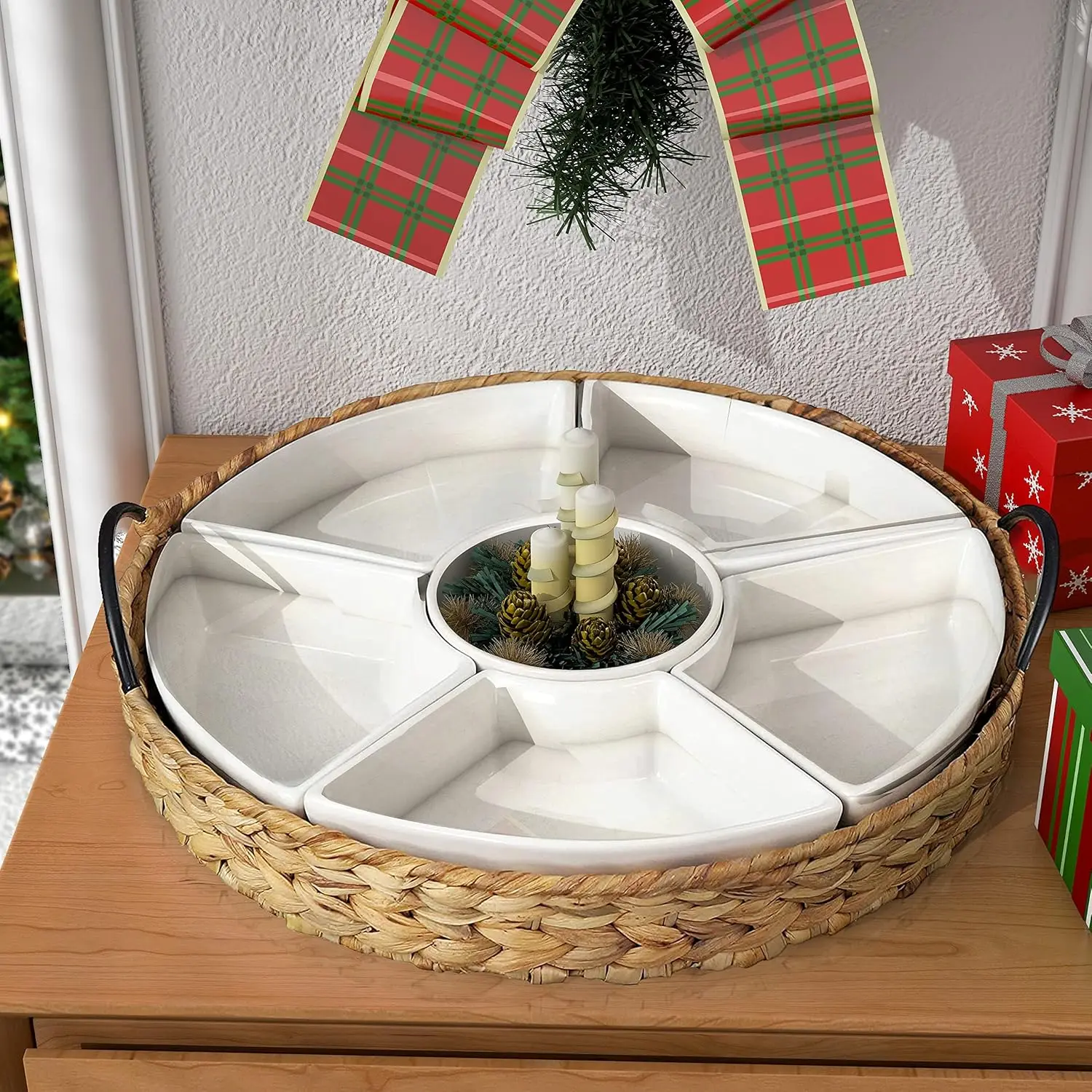 

Ceramic Serving Tray with 6 Removable Dishes, 15.5x15.5 Inches, Portable Handle for Chips and Dip