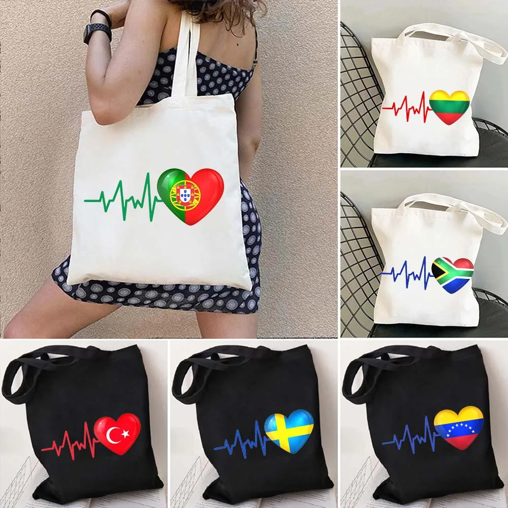 NETHERLAND TURKEY PORTUGAL FINLAND INDIA ITALY POLAND SINGAPORE SWITZERLAND IRAQ Heartbeat Flag Shoulder Canvas Tote Bag Handbag