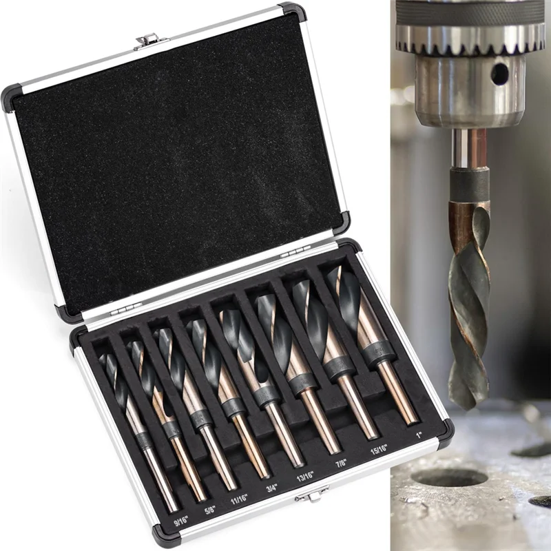 A43F-8 Set Mata Bor Perak dan Deming, Set Mata Bor Shank Tereduksi, Shank Diameter 1/2 Inci, Ukuran 9/16 Inci Hingga 1 Inci