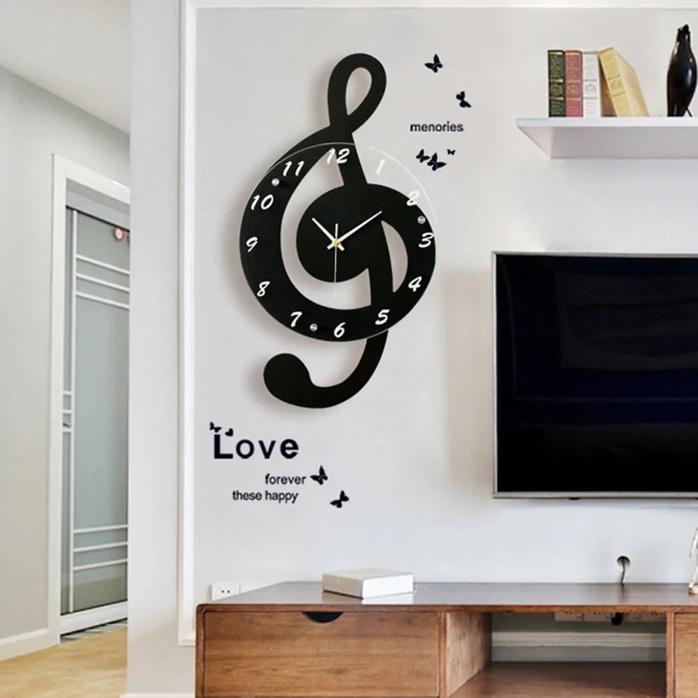 Black Electronic Wall Clock Quartz Mechanism Musical Note Silent Quartz Clock Silent Accurate Timekeeping Hanging Wall Clock