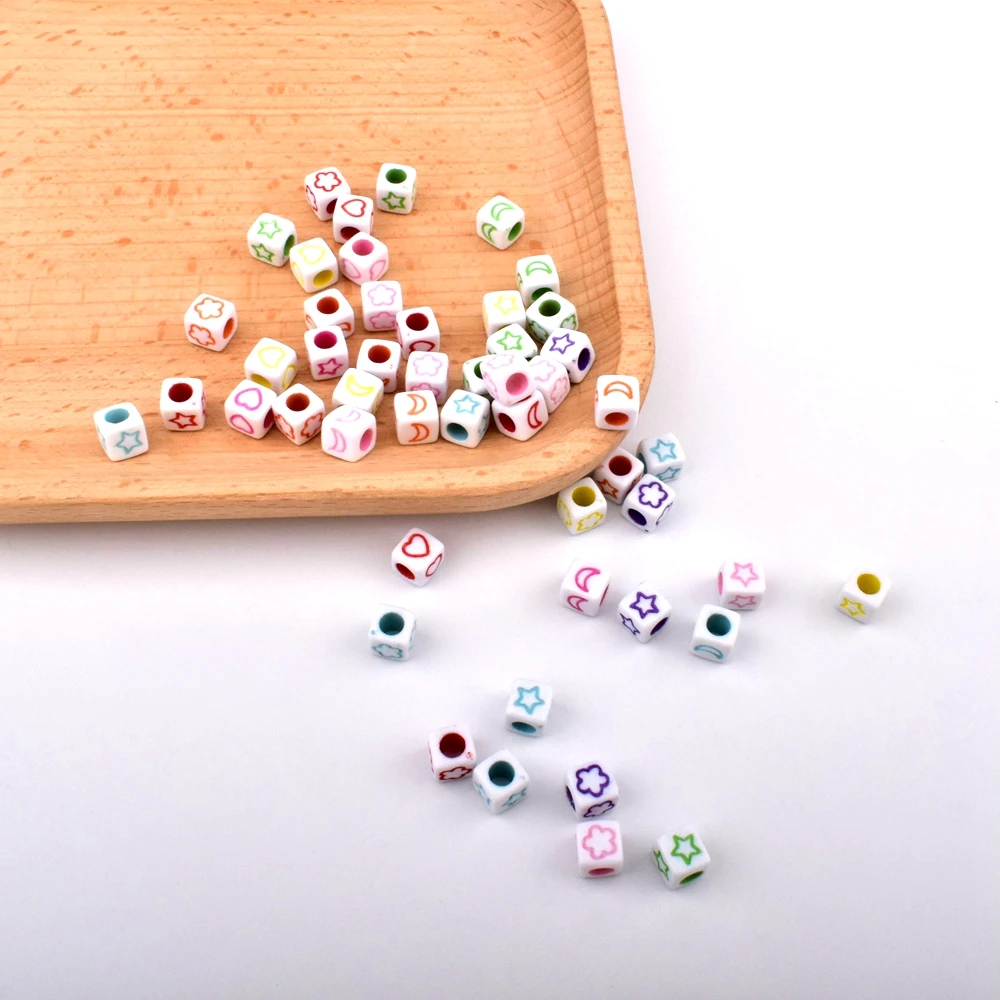 50pcs/lot 6*6*3mm DIY Acrylic letter beads Square white colored hole colored moon bead for jewelry making