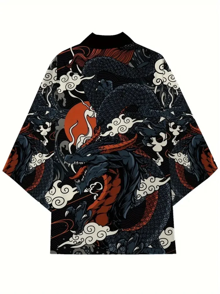 Men's Fashion Japanese Summer Kimono Dragon Print 3D Printed Traditional Cardigan Kimono Street Trend Men's Short Sleeves