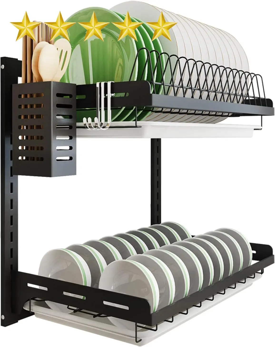 Kitchen Dish Rack,Hanging Dish Drying Rack Organizer Storage Shelf Over Sink,2 Tier Wall Mount Bowl Holder with Drain Tray