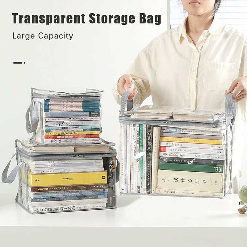 Book Storage Bag Transparent Collection Container With Handle Stackable Case Clutter Bin Dust Proof Organizer Collapsible Pouch