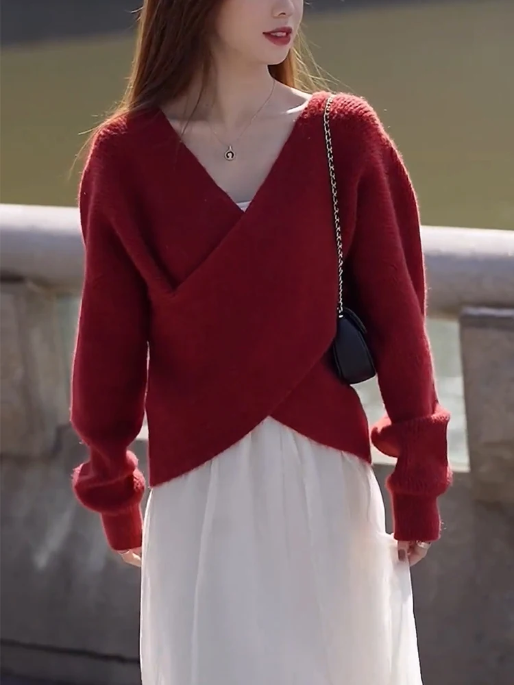

Женский свитер с перекрестными складками и воротником-стойкой, вязаный, для зимы, повседневный, в корейском стиле, длинный, с V-образным вырезом