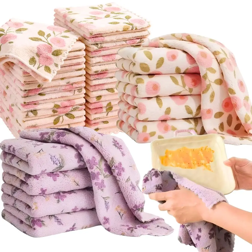 10 Stück rosa/lila Blumenmuster-Küchentücher aus Korallenfleece für den Badezimmer- und Haushaltsgebrauch YMY