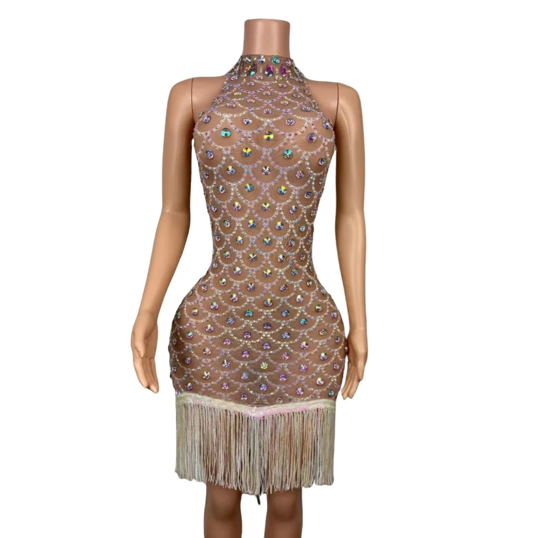 Disfraz brillante de Drag Queen, vestido con flecos de cumpleaños para mujer, cristales, actuación nocturna en Club, ropa elástica para escenario de celebridades