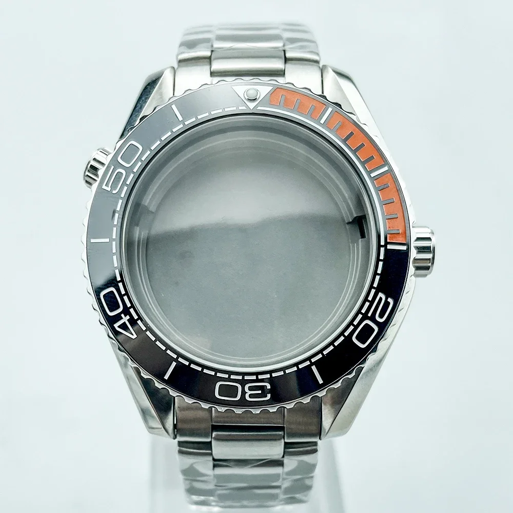 Caja de reloj de buceo de 43,5 mm con pulsera de acero inoxidable para NH35 Planet 600 500 m resistente al agua se adapta a esfera negra y naranja de 33 mm