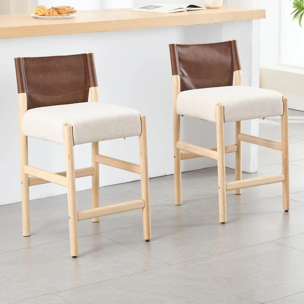 Farmhouse 26 inch Bar Stools with Leather Back Set of 4, Beige Linen Armless Counter Height Bar Stools Modern Natural Wood Legs