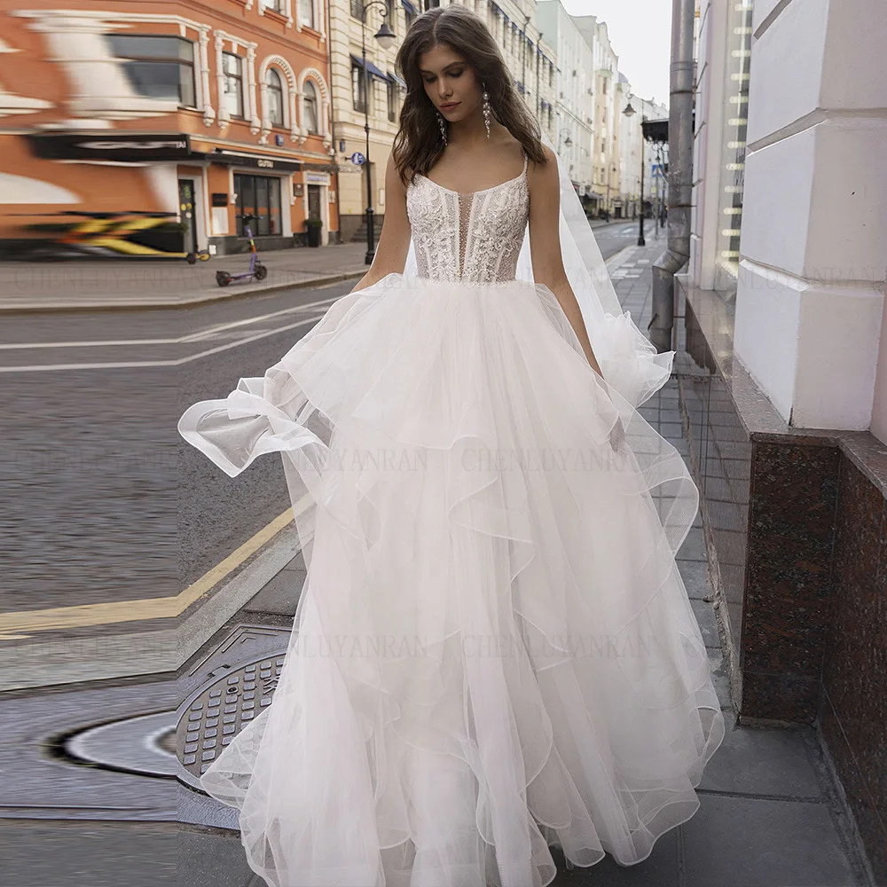 Vestido De novia largo De tul con cuello en V para mujer, traje Sexy con cuentas, tirantes finos, exquisito, 2024