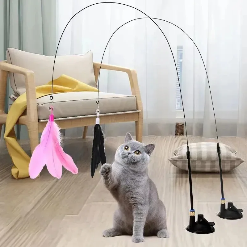 Jouets pour chats, baguette à plumes, jouet interactif pour chaton, avec super ventouse détachable, pièces de rechange