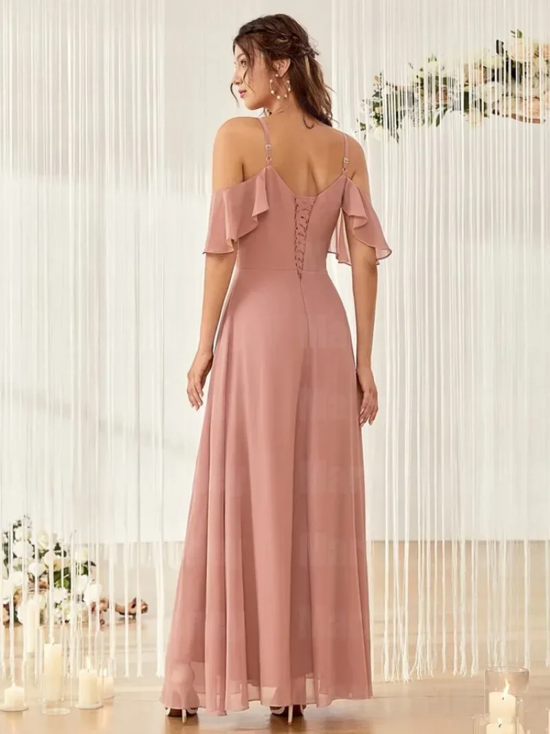 Customized Elegant Off Shoulder Slit Bridesmaid Dress A Line Chiffon Long Party Evening Gown Beach Wedding Guests Spaghetti Stra