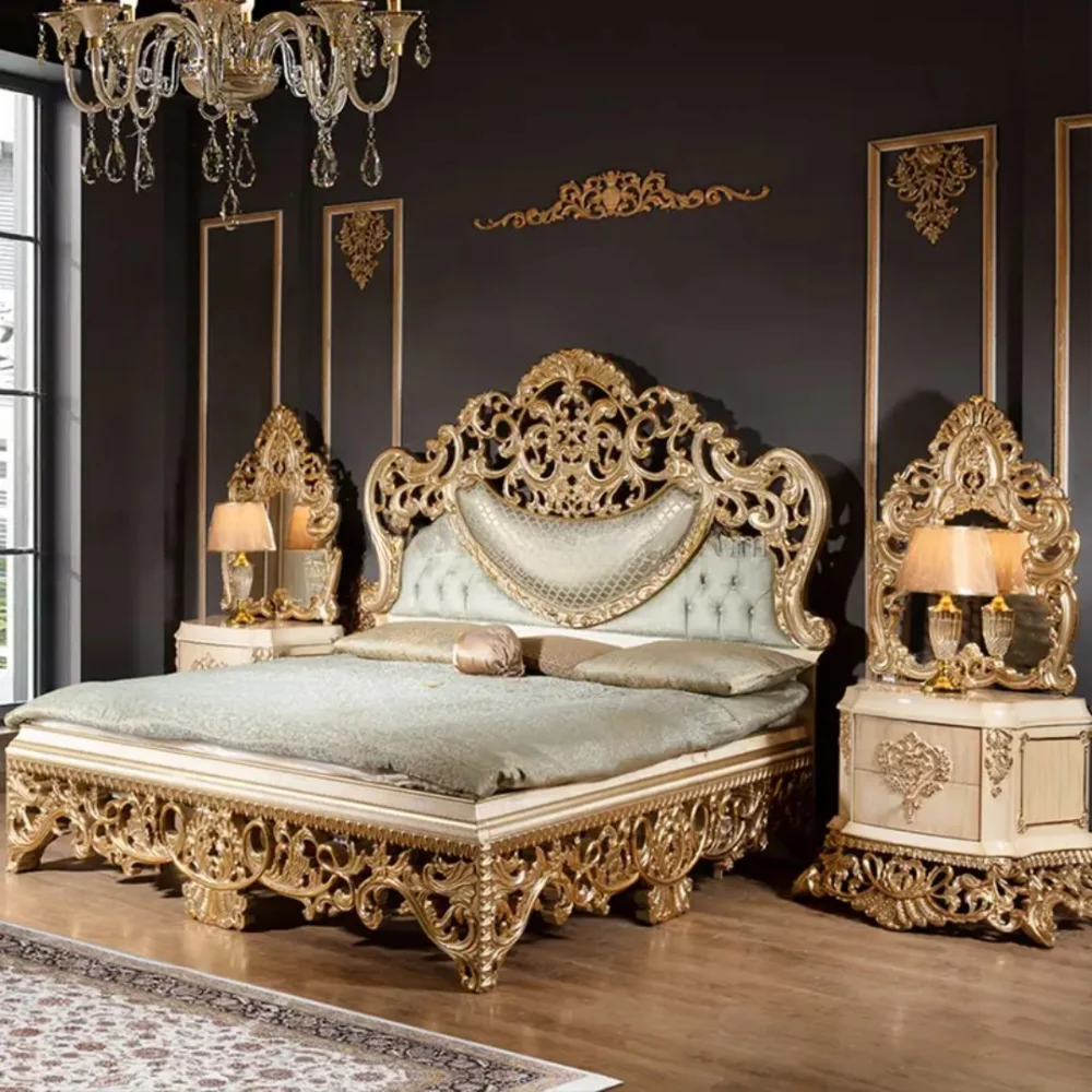 Classic European Luxury Antique Gold Crown Mahogany King Size Carved Bedroom Set Nightstand Wardrobe Washable Storage Hotel