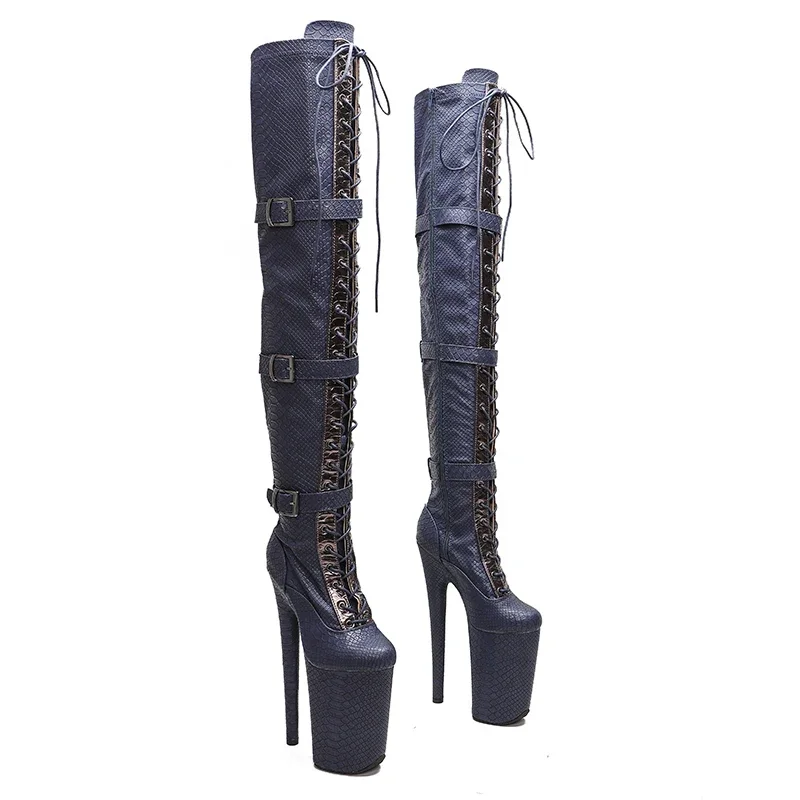 

Leecabe 23CM/9inches Navy Snake PU Upper fashion lady High Heel platform Pole Dance boots