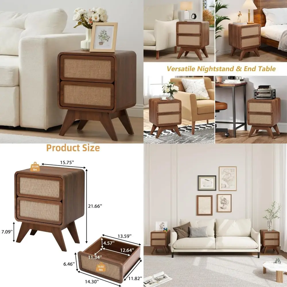 

mid-century 2-drawer wood nightstand with curved edges and linen shelves